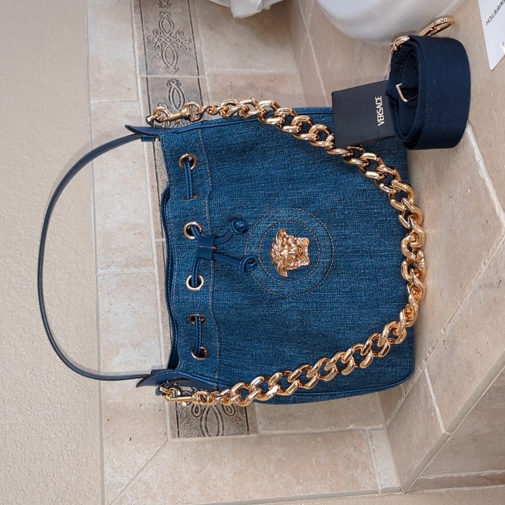 Versace La Medusa Denim & Leather Bucket Hobo Bag